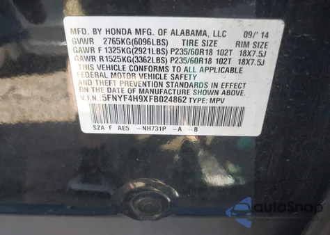 2015 Honda Pilot Touring from USA, damaged, VIN 5FNYF4H9XFB024862